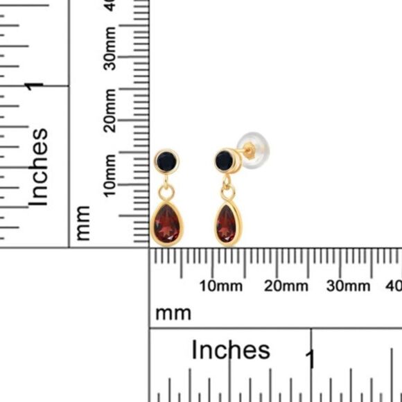 14K Yellow Gold with 1.18 Cttw Garnet and Black Onyx Post Back Drop Earrings